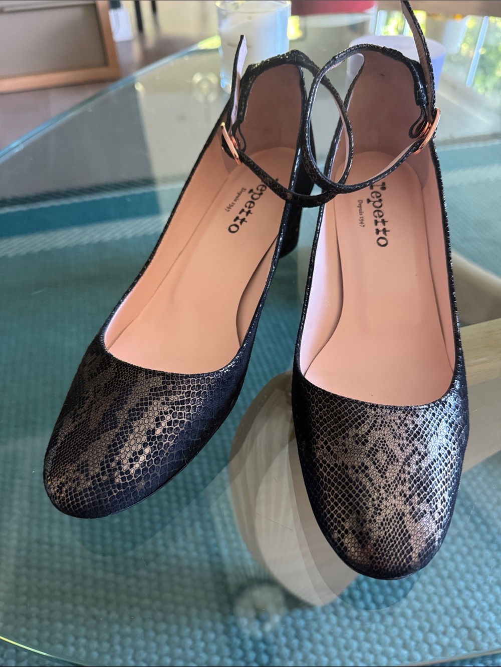 Repetto Black Snakeskin-Effect Ankle-Strap Flats with Pink Lining, never wear it